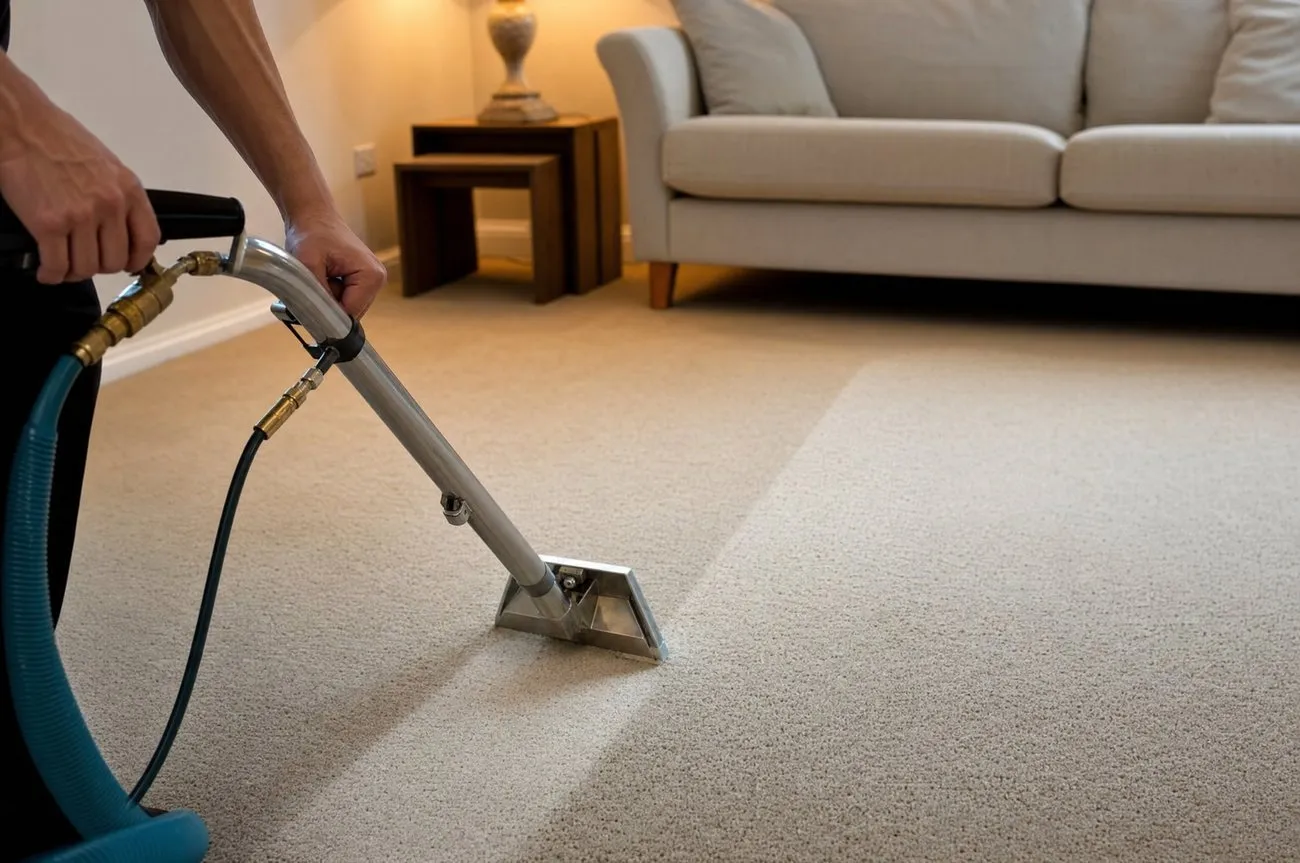 A carpet cleaning wand leaving a visibly cleaner track across a lounge carpet