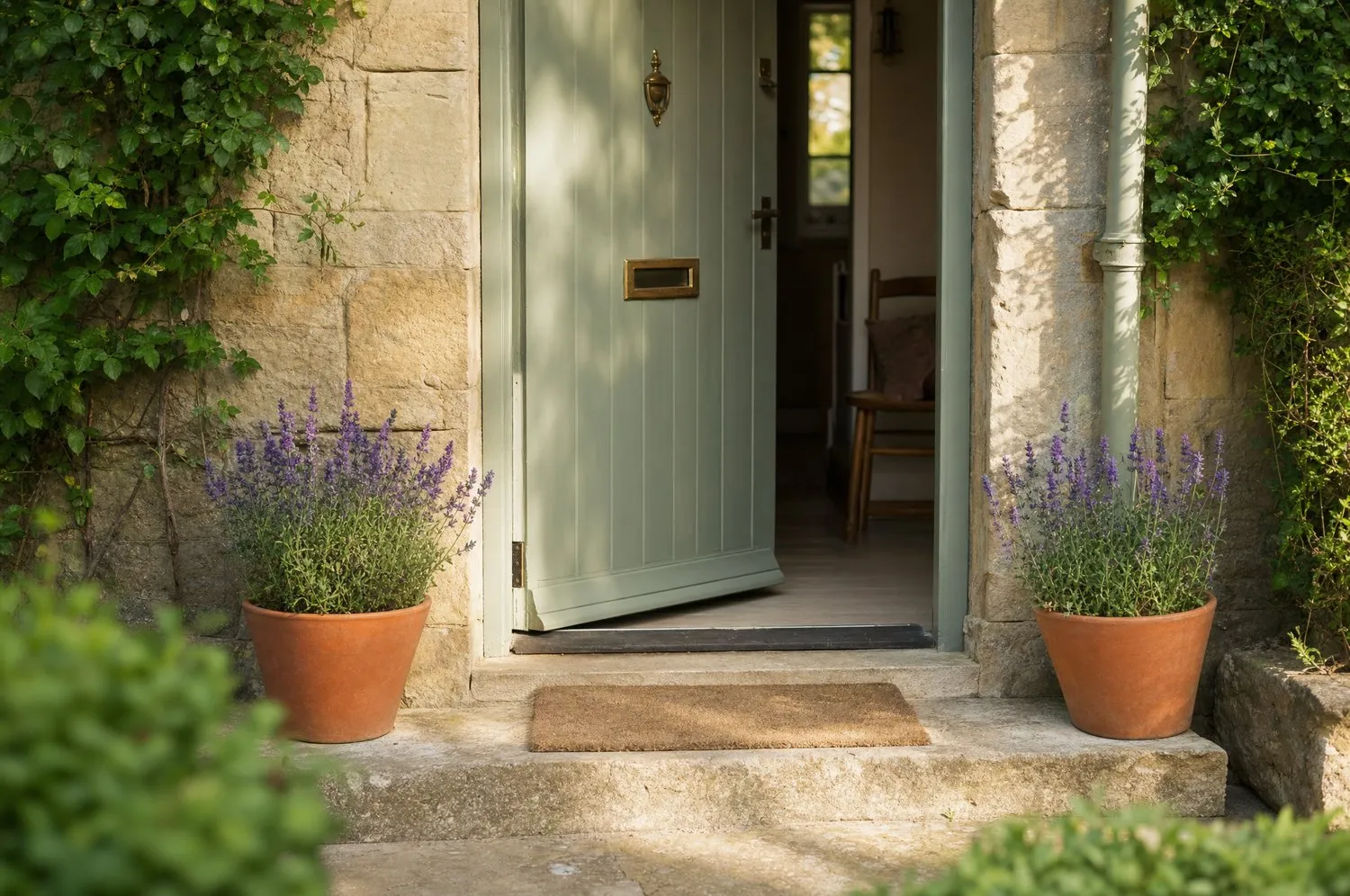 The front door of a stone cottage in a South Northamptonshire village