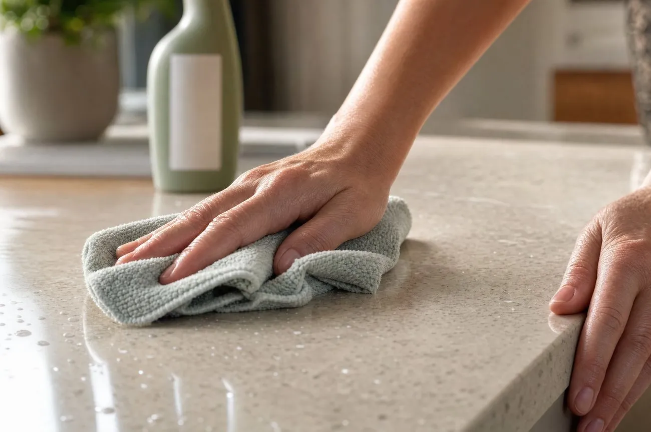 Wiping down a kitchen worktop during a home clean