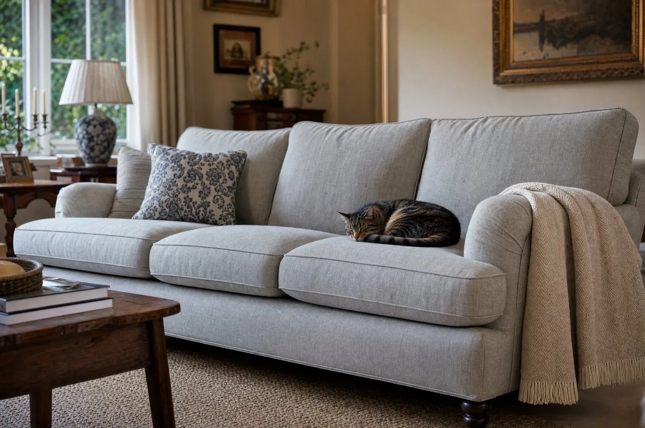A freshly cleaned fabric sofa in a warm sitting room